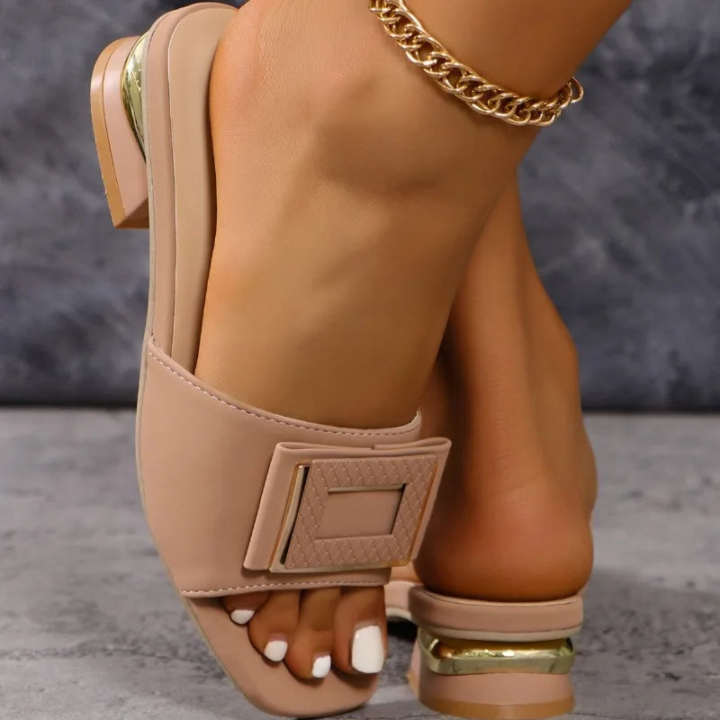 Elegant Square-Toe Low Heel Slide Sandals