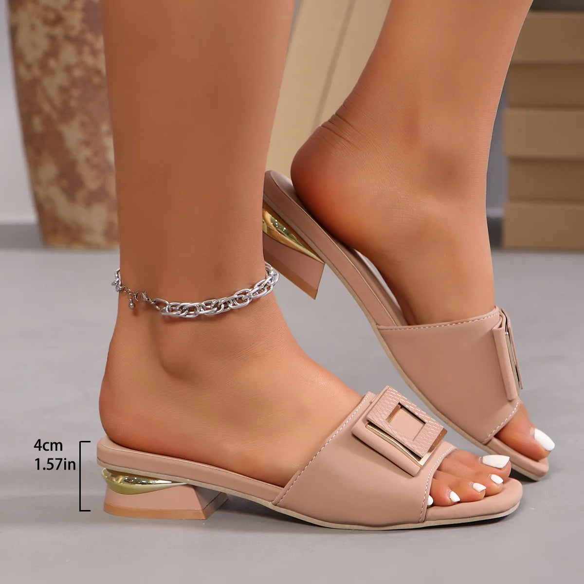Elegant Square-Toe Low Heel Slide Sandals