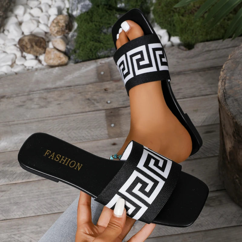 Women’s Greek Key Slide Sandals – Casual Flat Slippers
