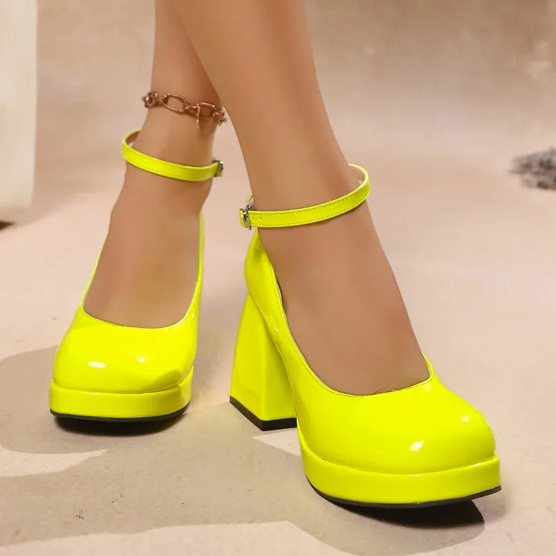 Women’s Patent Leather Mary Jane Platform Heels Round Toe Ankle Strap Pumps