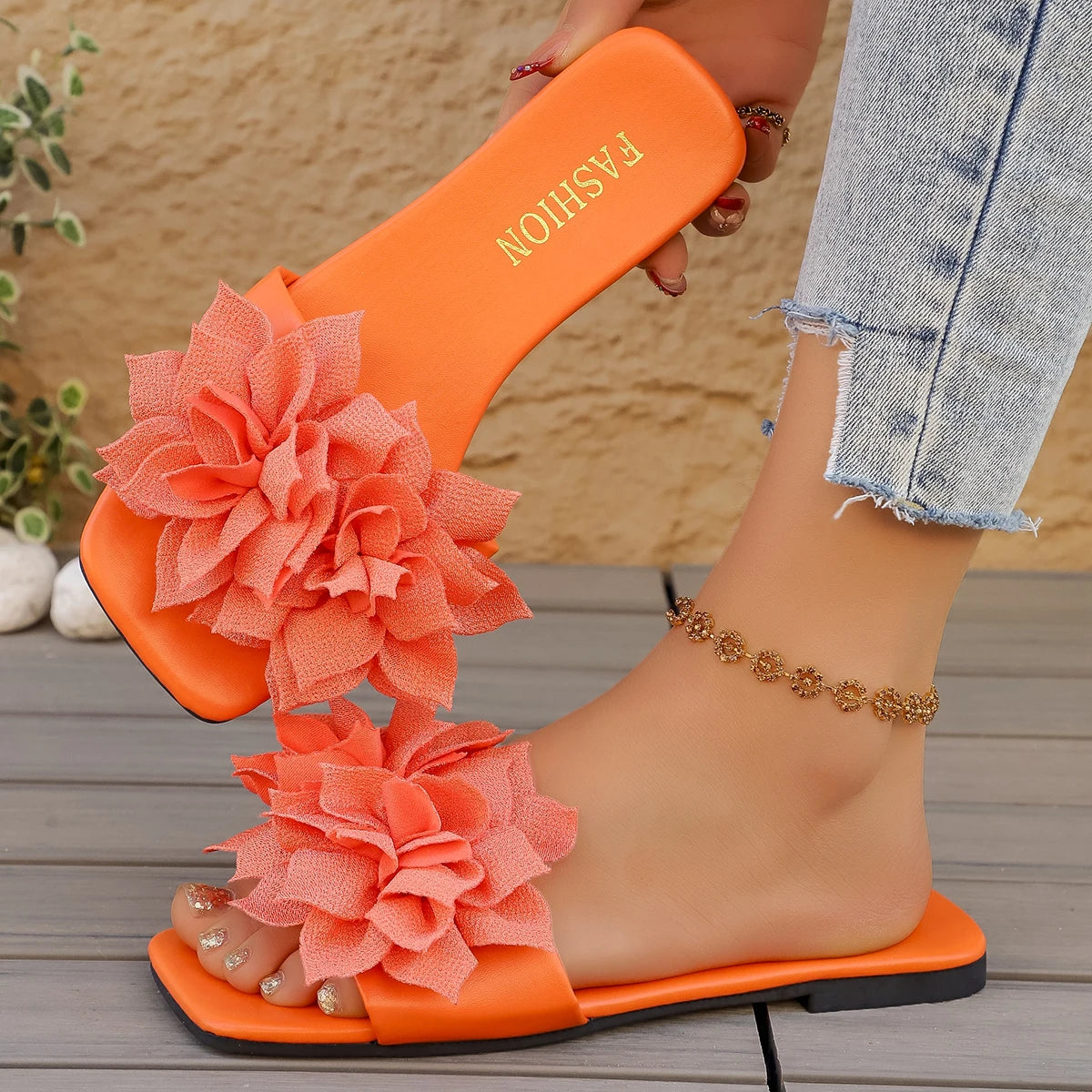 Women’s Floral Flat Slide Sandals Open-Toe Summer Slippers