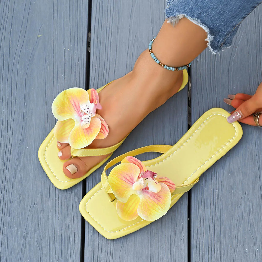 Floral Square-Toe Flat Slide Sandals