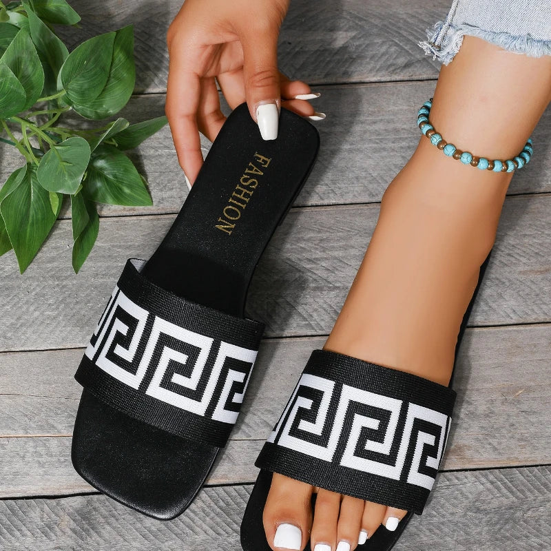 Women’s Greek Key Slide Sandals – Casual Flat Slippers