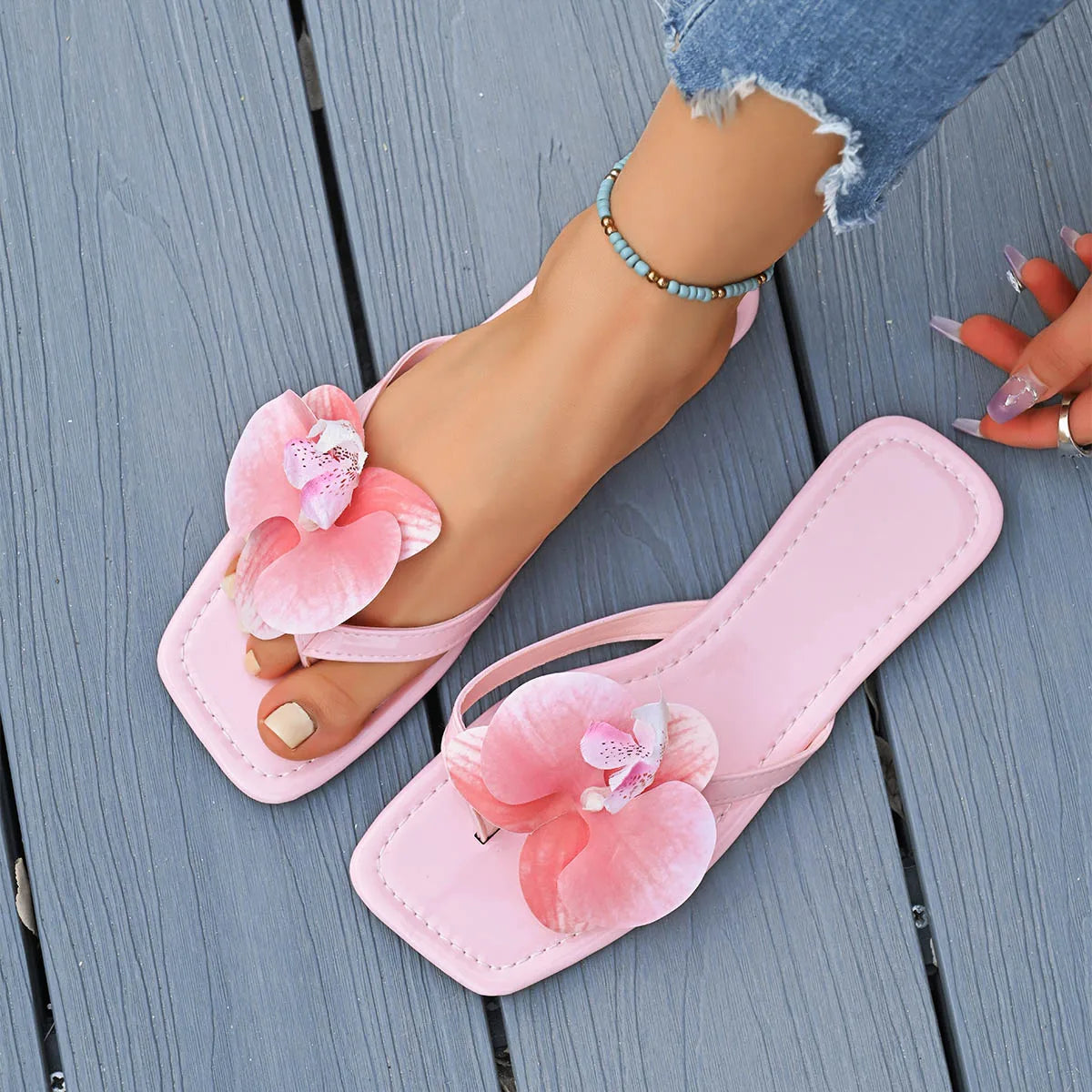 Floral Square-Toe Flat Slide Sandals