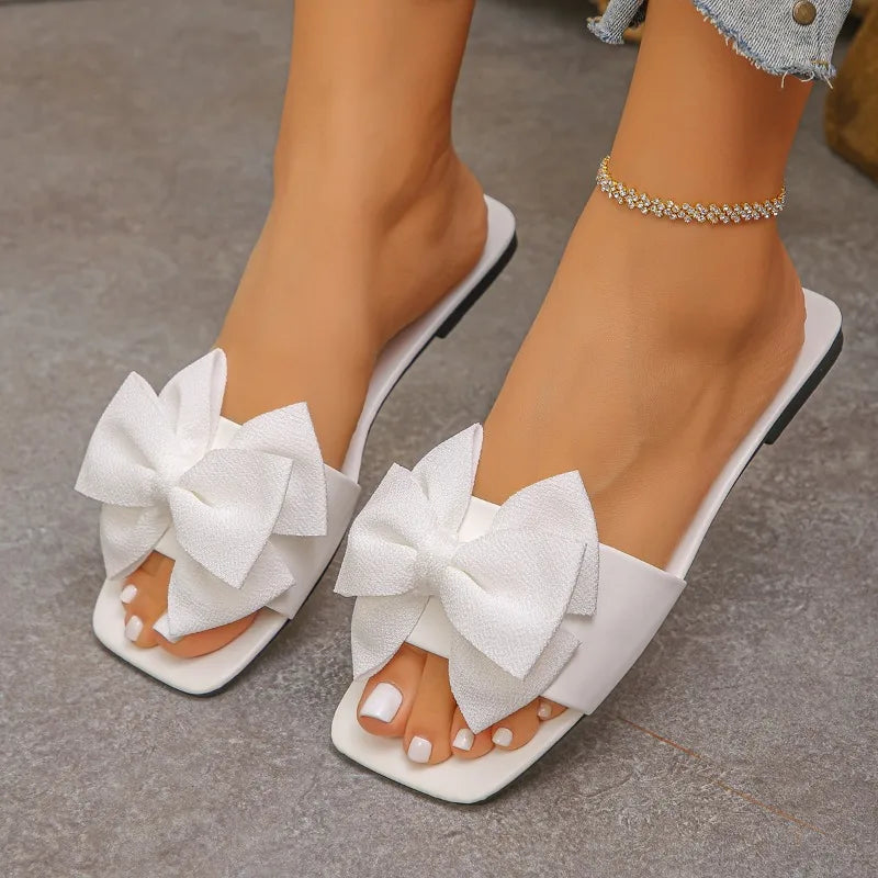 Women’s Bow Slide Sandals – Solid Color Flat Slippers