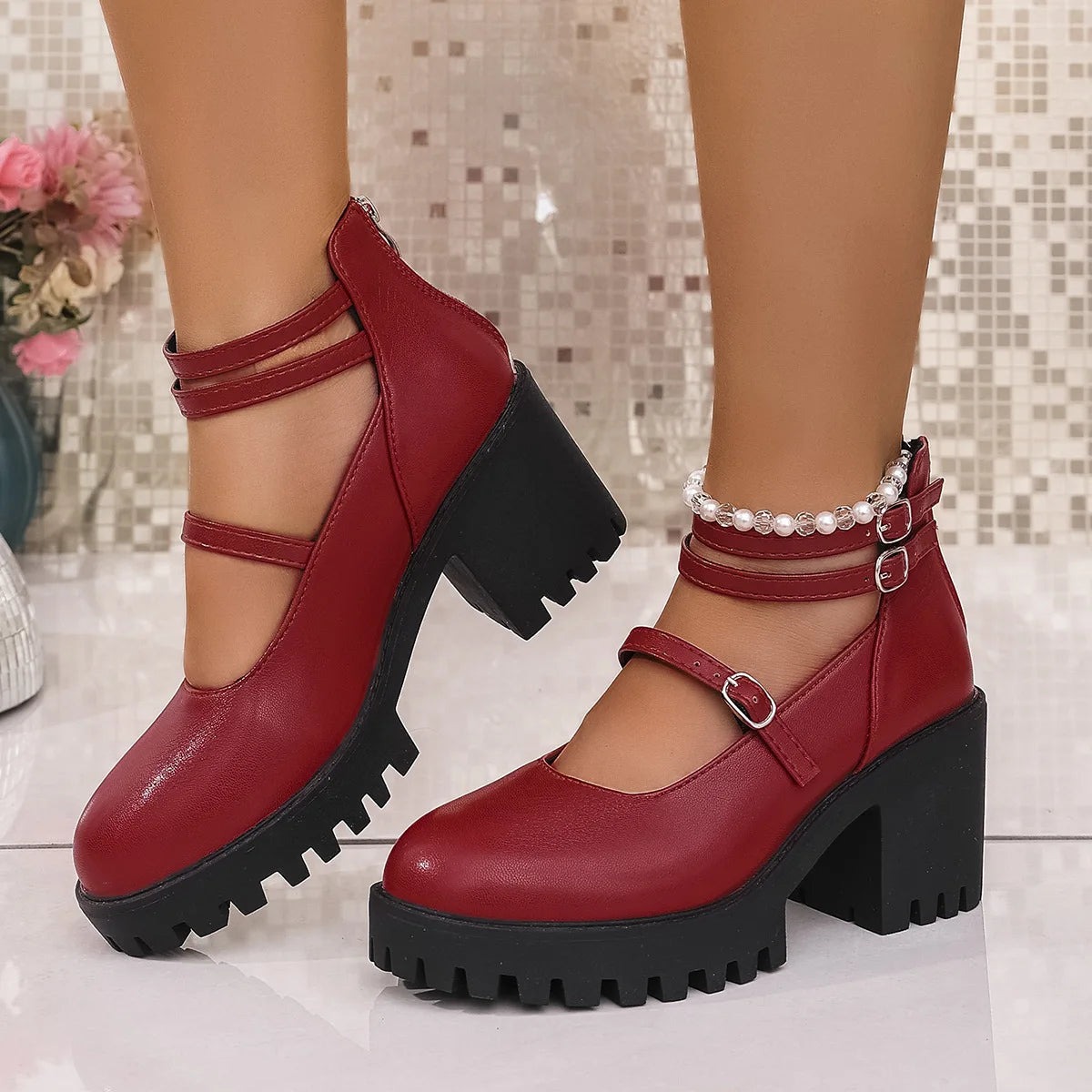 Chunky Mary Jane Platform Block Heels