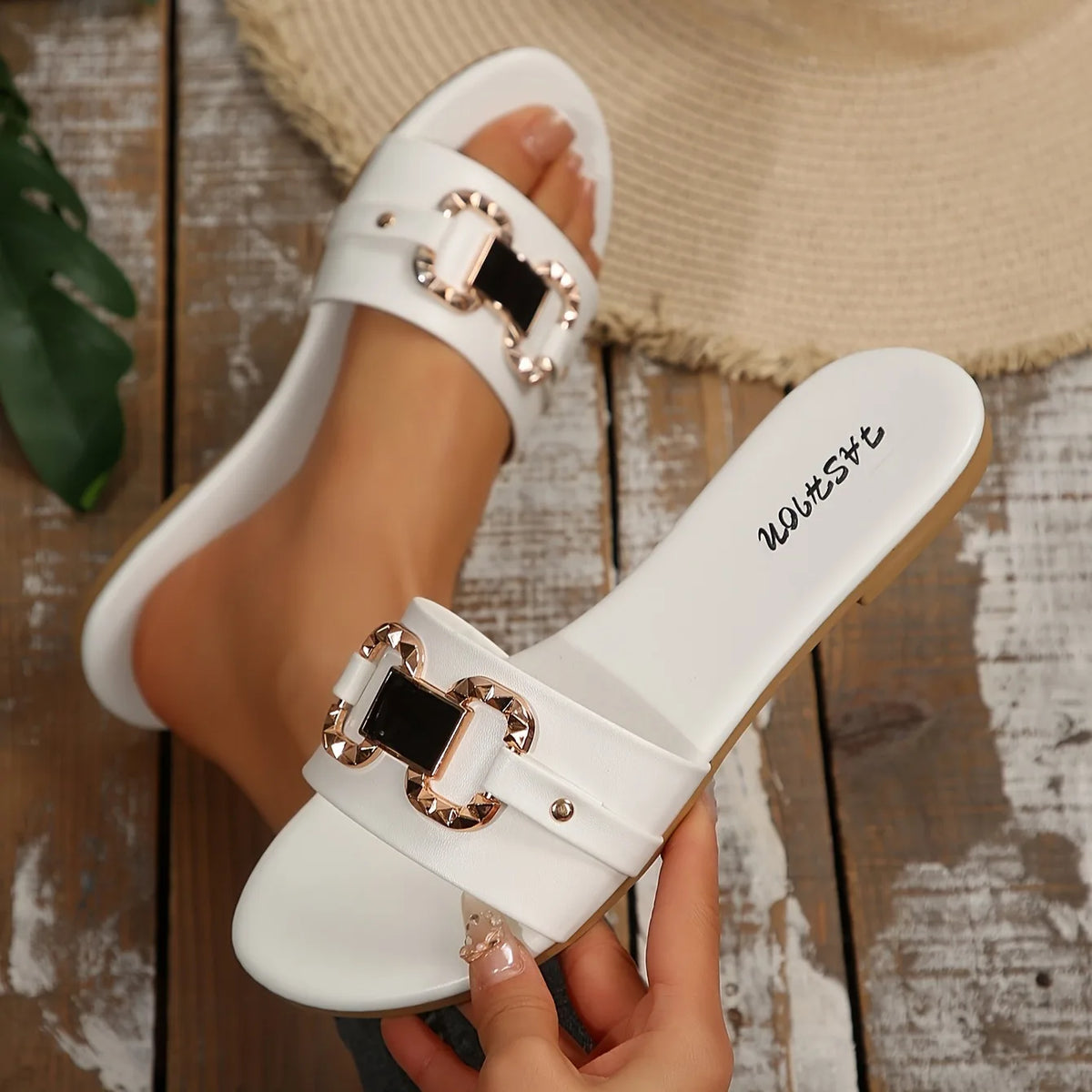 Women’s Metal Buckle Flat Slide Sandals – Casual Slip-On Style