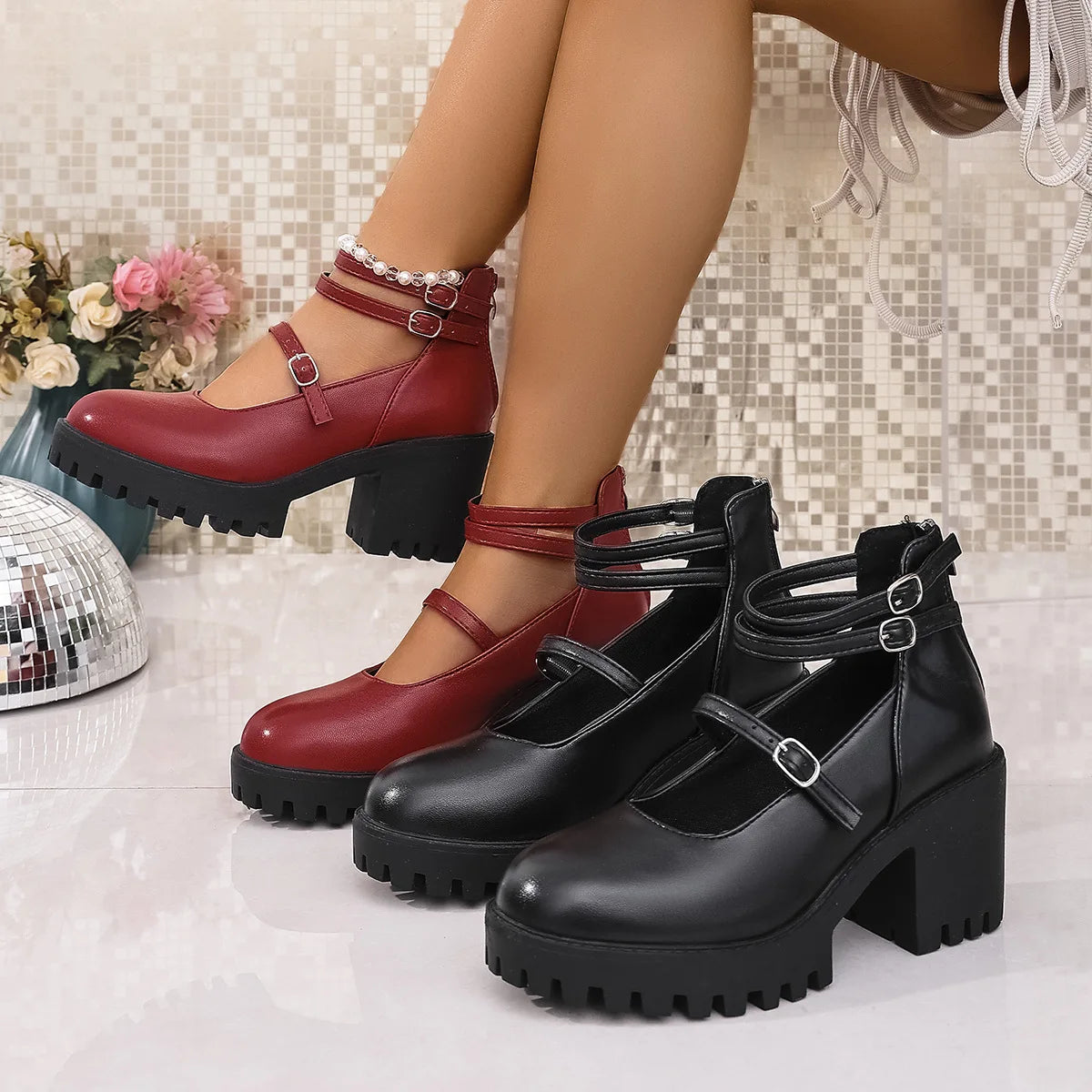 Chunky Mary Jane Platform Block Heels