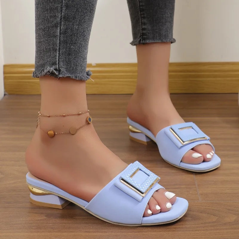 Elegant Square-Toe Low Heel Slide Sandals