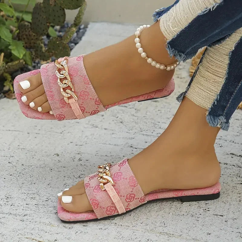 Women’s Chain Detail Flat Sandals – Summer Slip-On Beach Slides