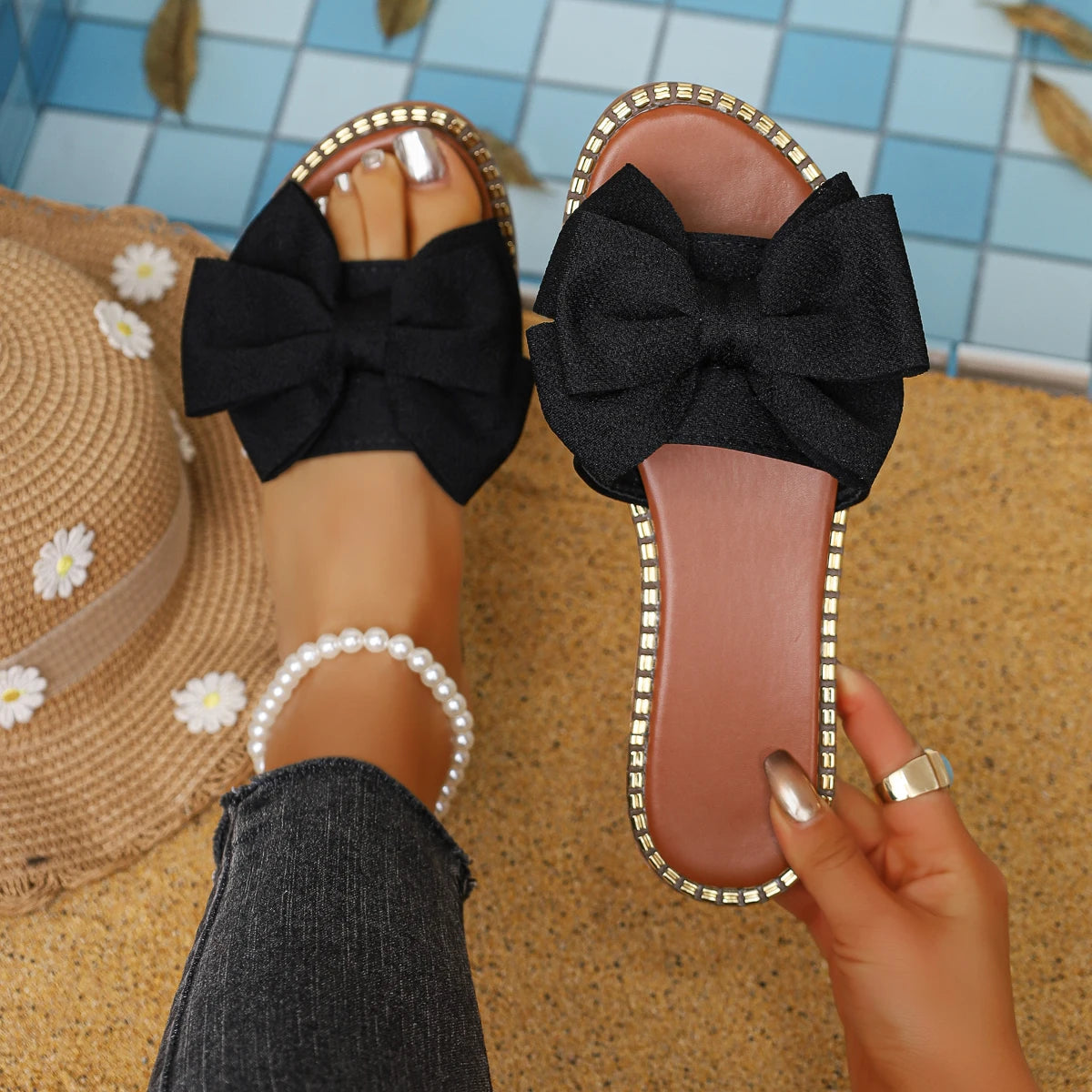 Women’s Bow Slide Sandals Chic Flat Summer Slippers