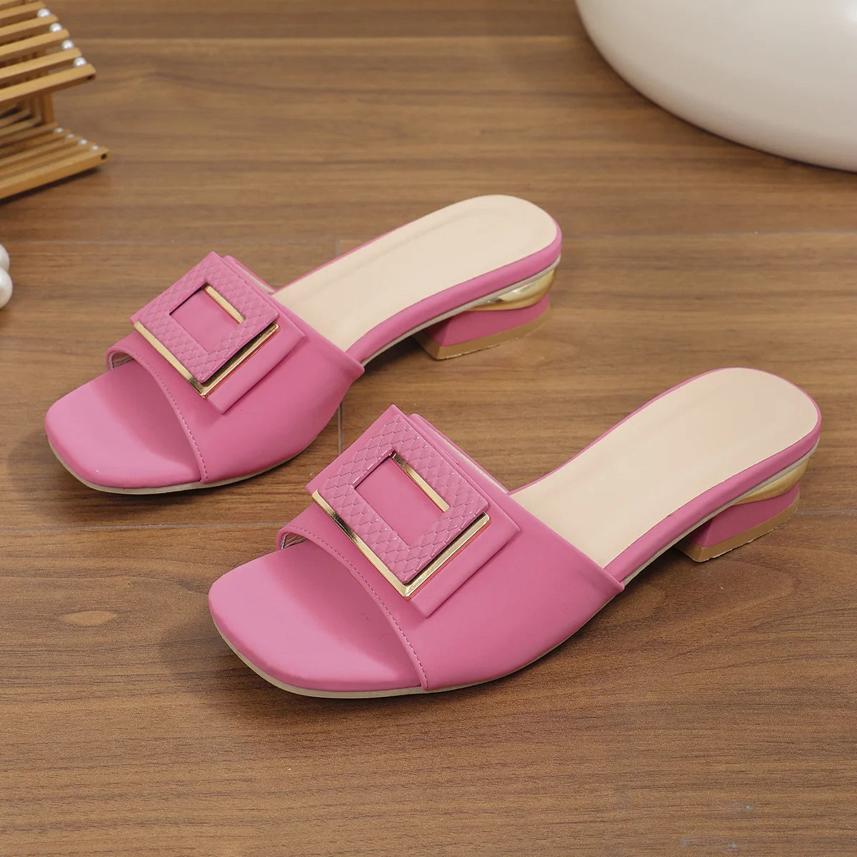 Elegant Square-Toe Low Heel Slide Sandals