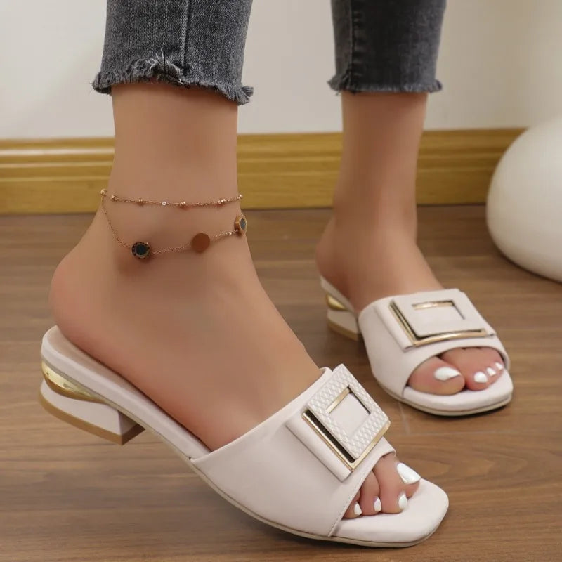 Elegant Square-Toe Low Heel Slide Sandals
