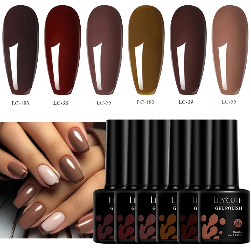 6-Piece Coffee Brown Gel Nail Polish Set UV/LED Soak-Off Nail Colors