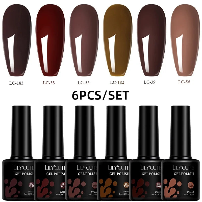 6-Piece Coffee Brown Gel Nail Polish Set UV/LED Soak-Off Nail Colors