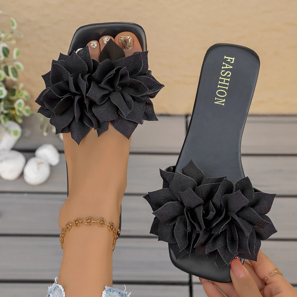 Women’s Floral Flat Slide Sandals Open-Toe Summer Slippers