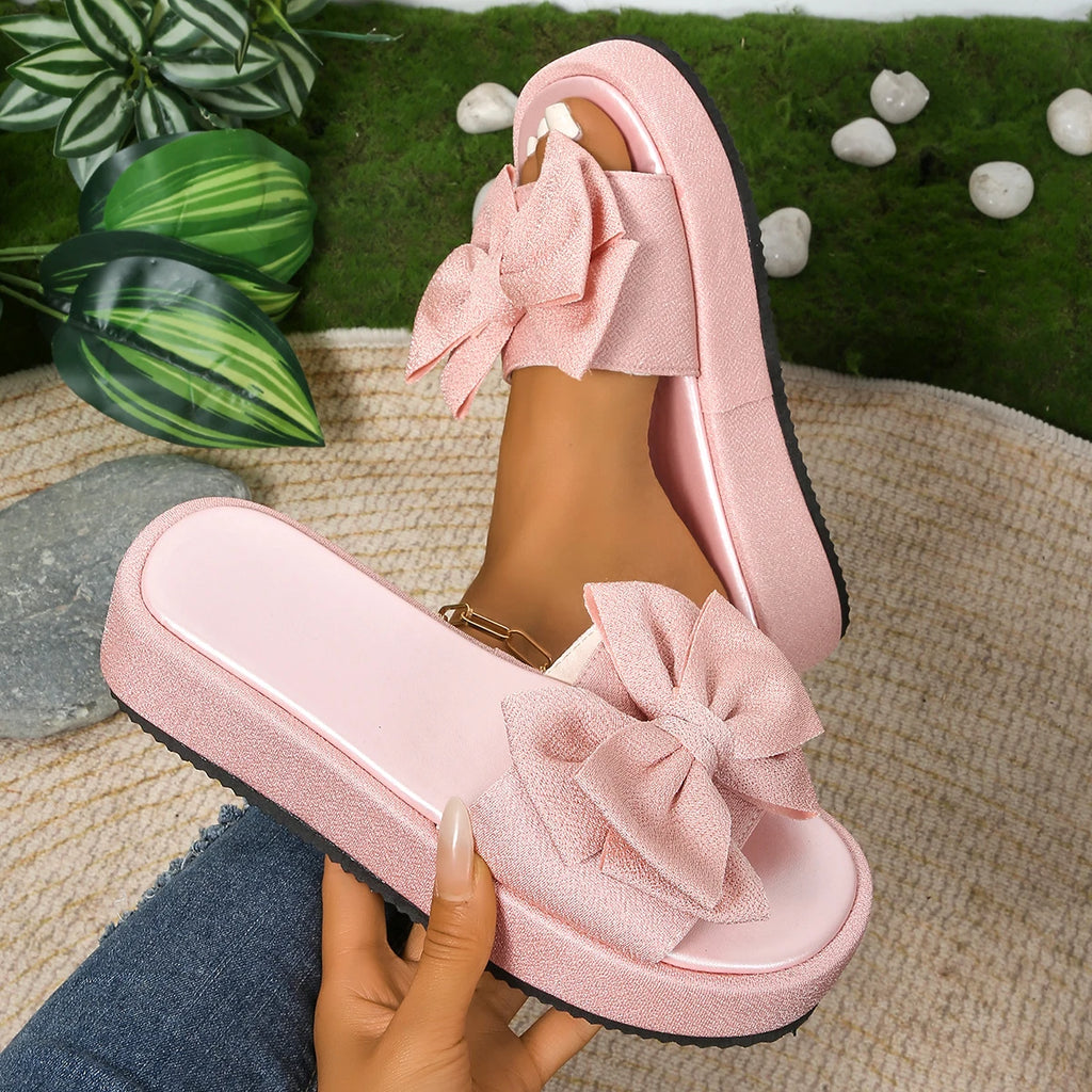 New Women Slippers Summer Platform Slippers Bow Holiday Beach Shoes Women Soft Non-Slip Soles Lightweight Sandals Slides Women