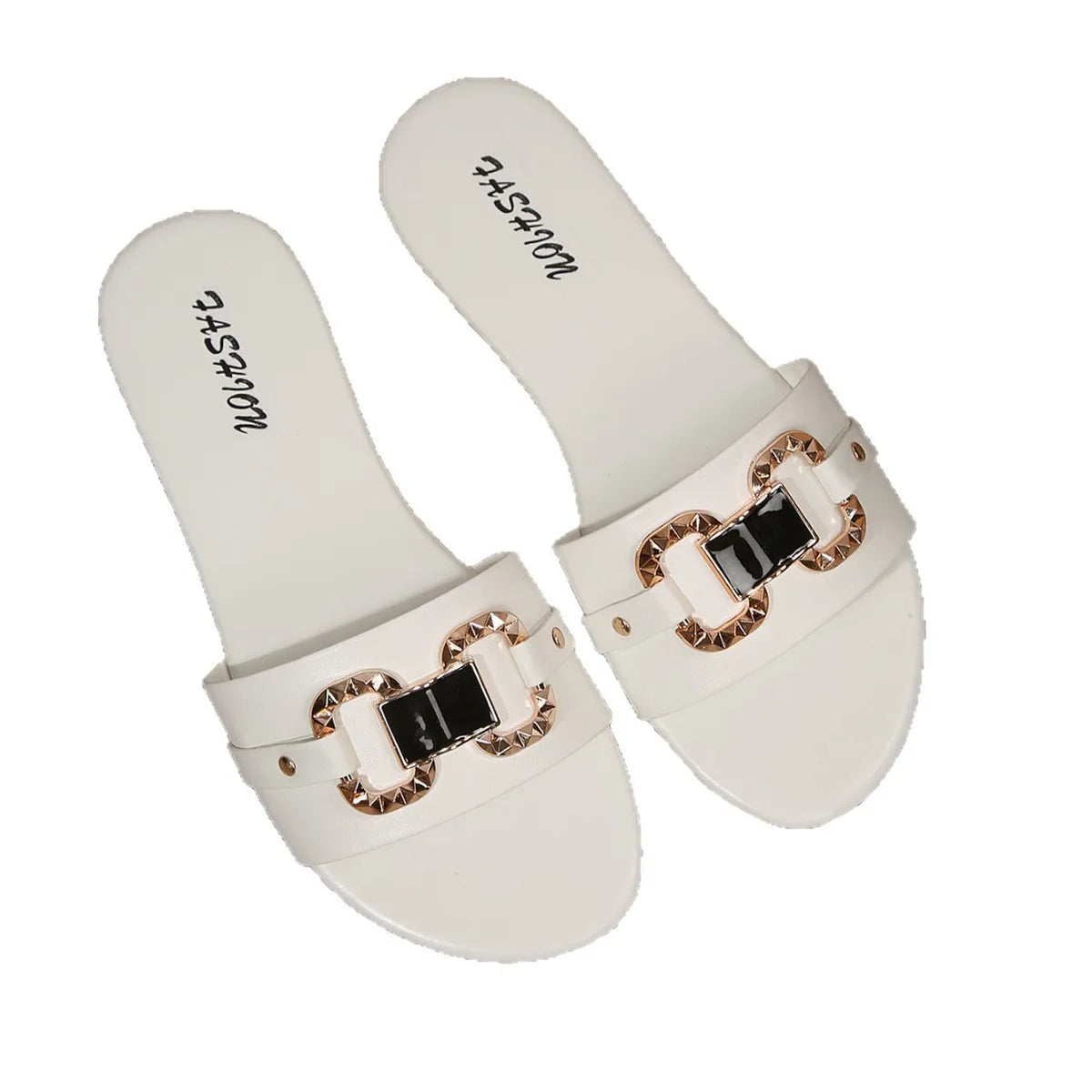 Women’s Metal Buckle Flat Slide Sandals – Casual Slip-On Style