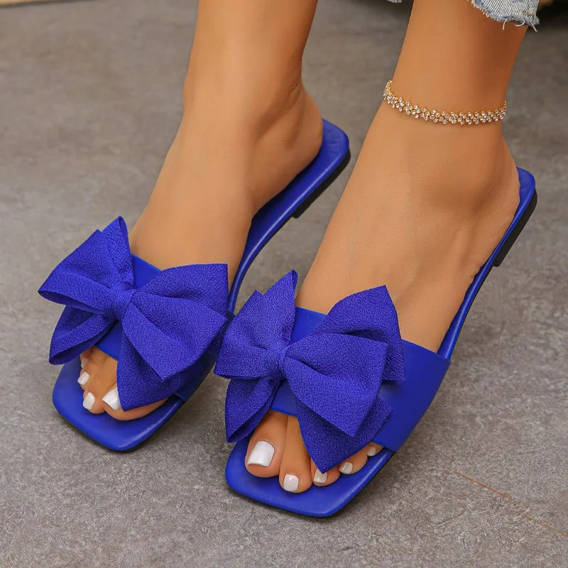 Women’s Bow Slide Sandals – Solid Color Flat Slippers