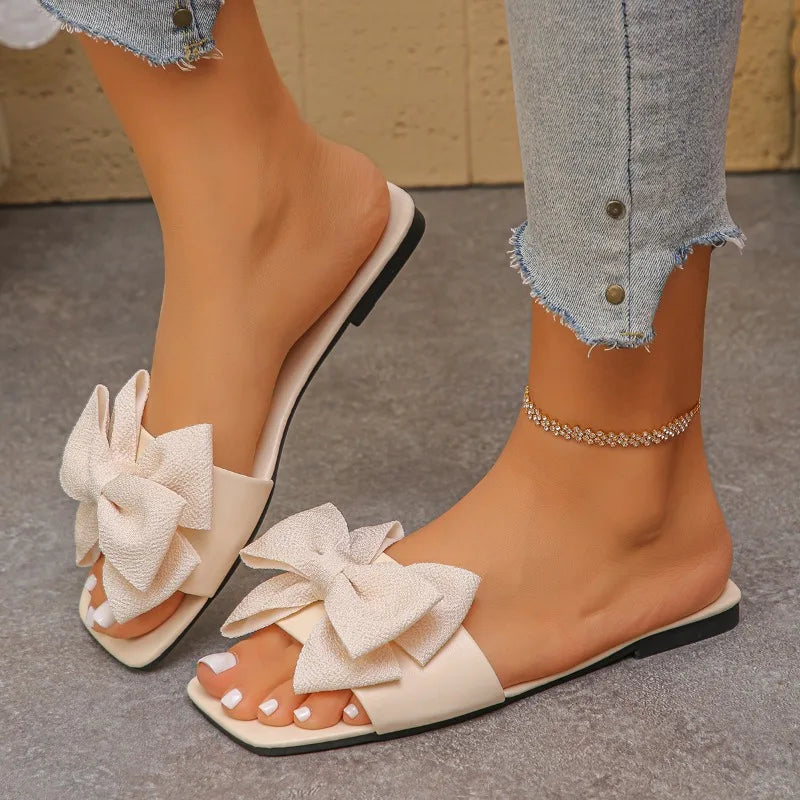 Women’s Bow Slide Sandals – Solid Color Flat Slippers