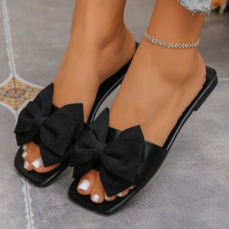 Women’s Bow Slide Sandals – Solid Color Flat Slippers