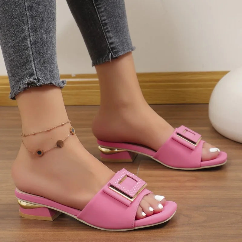 Elegant Square-Toe Low Heel Slide Sandals