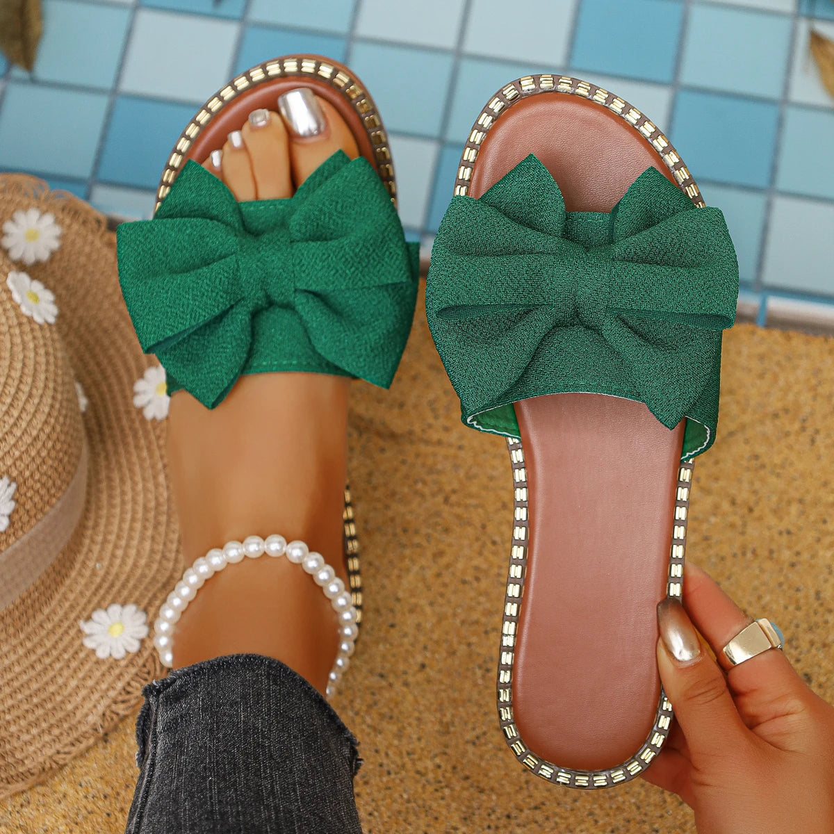 Women’s Bow Slide Sandals Chic Flat Summer Slippers