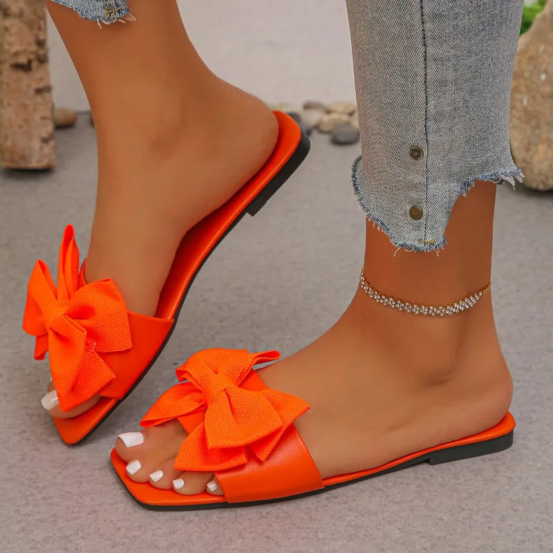 Women’s Bow Slide Sandals – Solid Color Flat Slippers