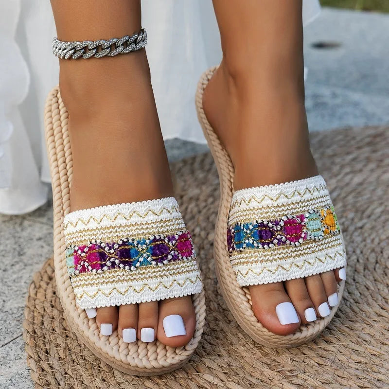 Women’s Bohemian Woven Flat Sandals Open-Toe Summer Slides