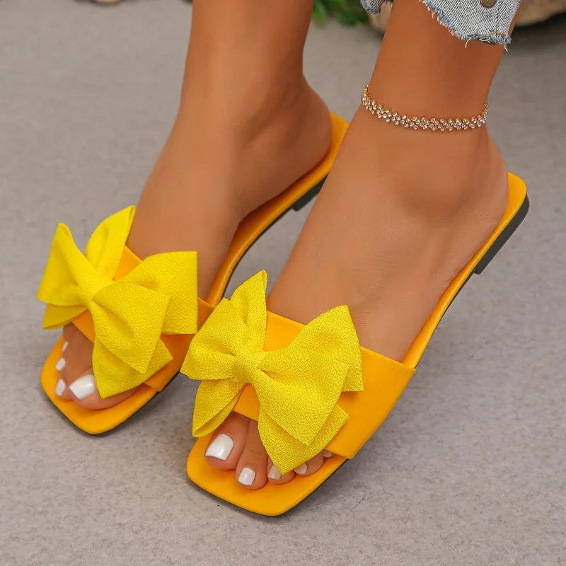Women’s Bow Slide Sandals – Solid Color Flat Slippers