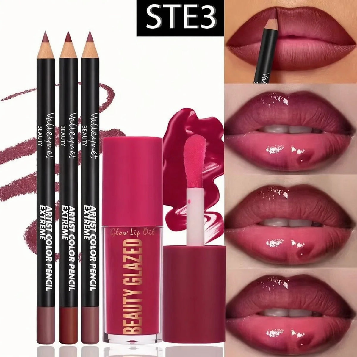 4-Piece Lip Kit 3 Lip Liners + Lip Glaze Set