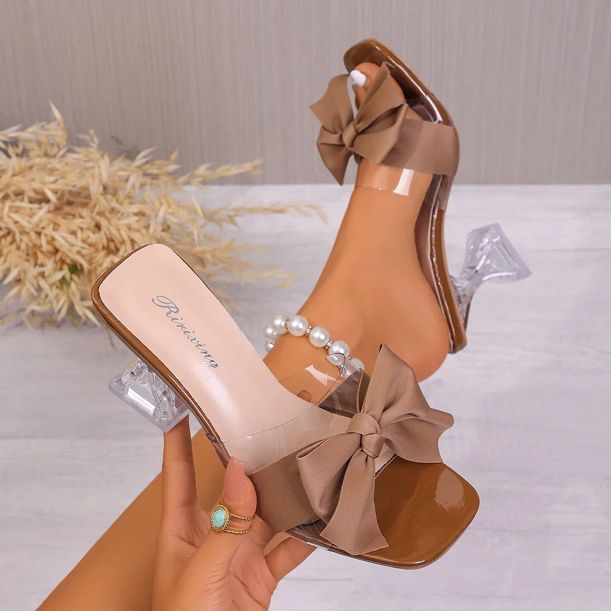 Women’s Bow Strap Crystal Heel Sandals Elegant Party Shoes