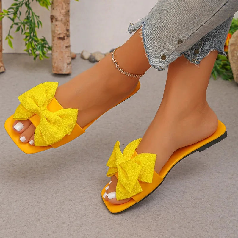 Women’s Bow Slide Sandals – Solid Color Flat Slippers