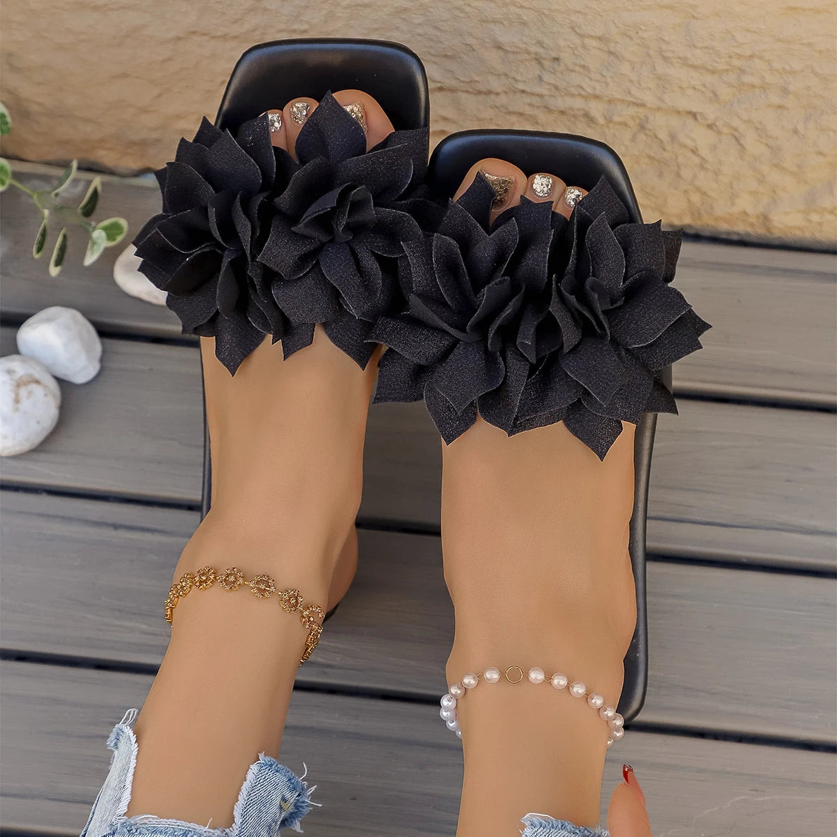 Women’s Floral Flat Slide Sandals Open-Toe Summer Slippers