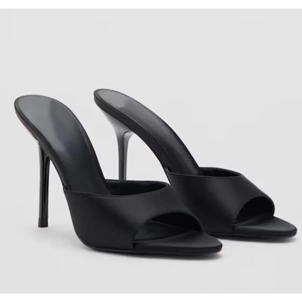 Satin Peep-Toe Stiletto Slide Heels