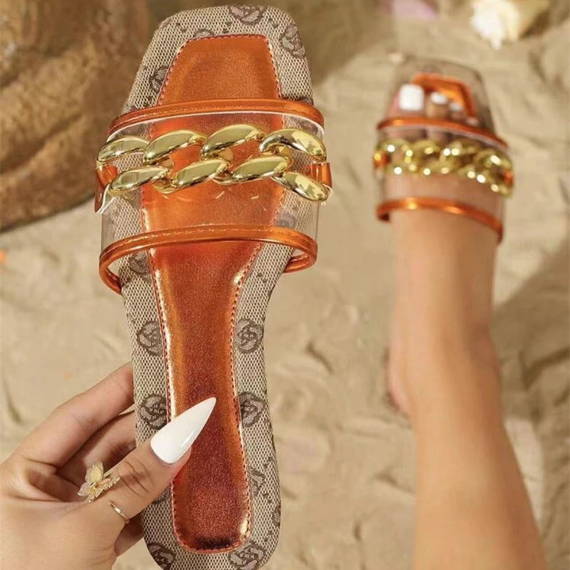 Women’s Chain Detail Flat Sandals – Summer Slip-On Beach Slides