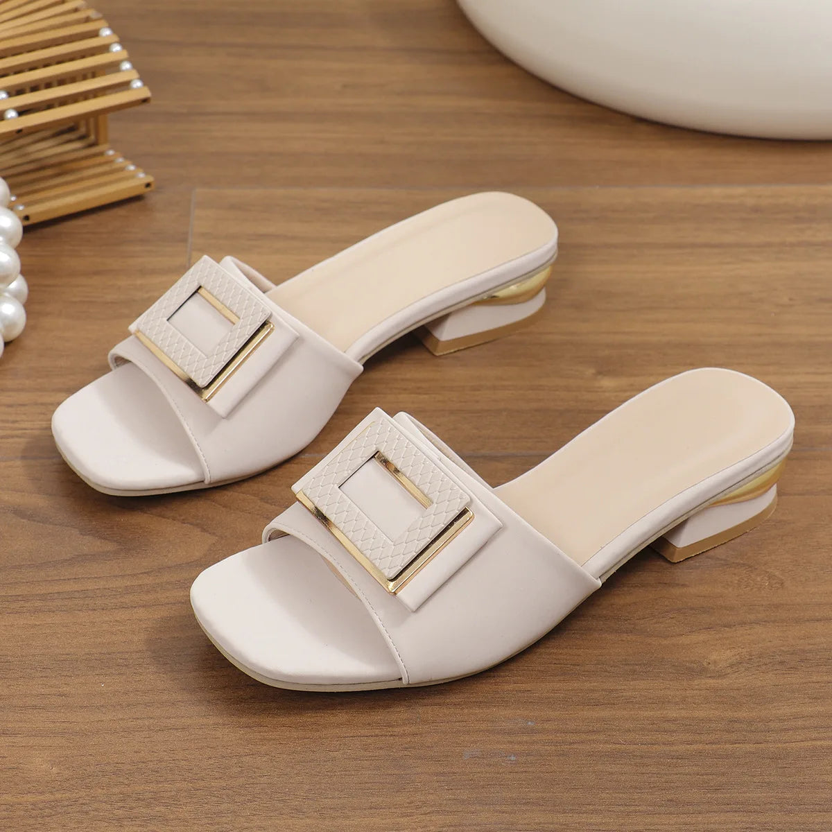Elegant Square-Toe Low Heel Slide Sandals