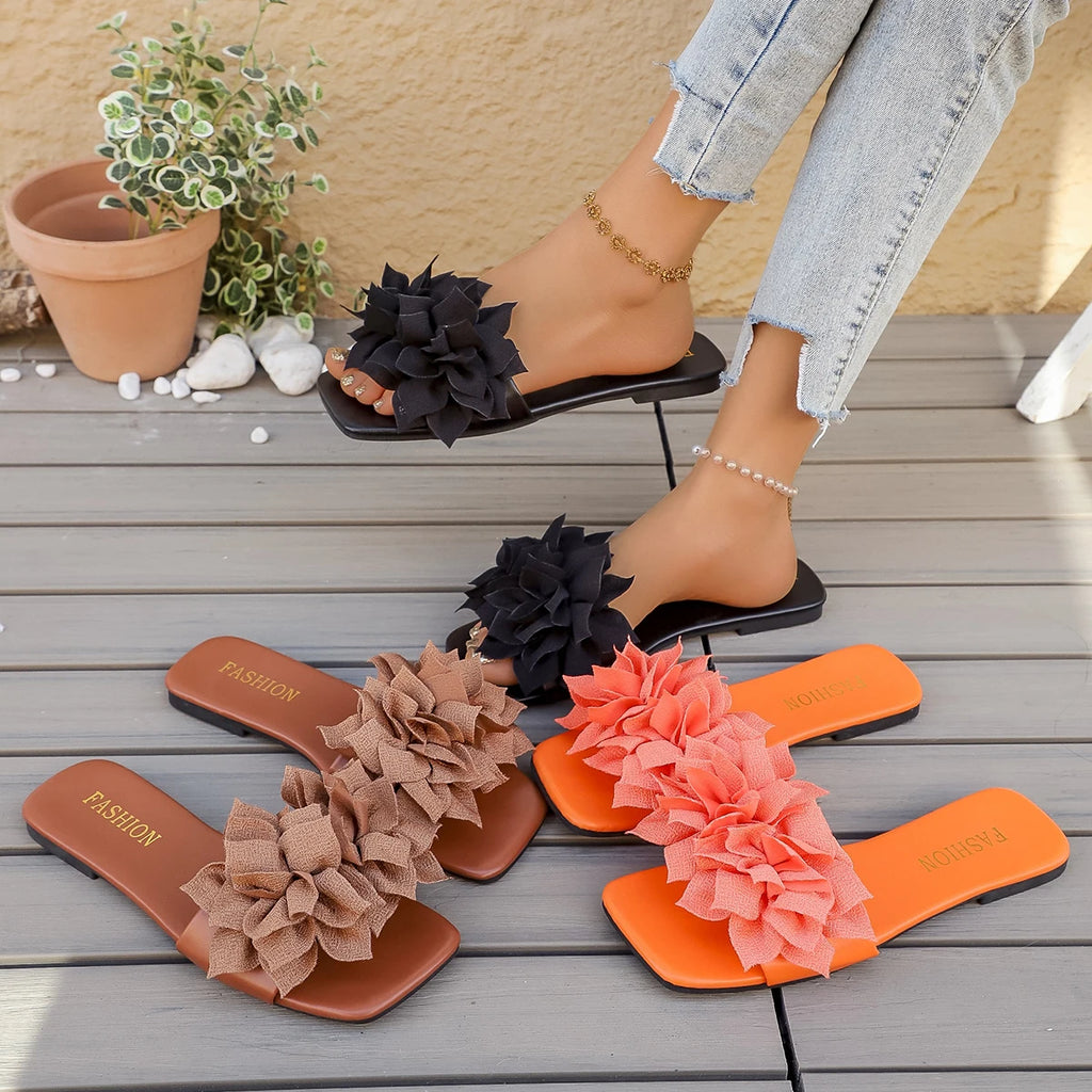 Women’s Floral Flat Slide Sandals Open-Toe Summer Slippers