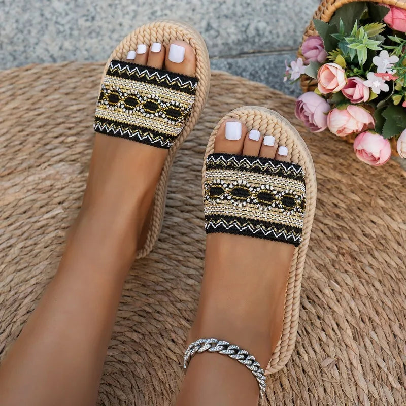 Women’s Bohemian Woven Flat Sandals Open-Toe Summer Slides