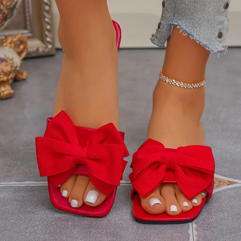 Women’s Bow Slide Sandals – Solid Color Flat Slippers
