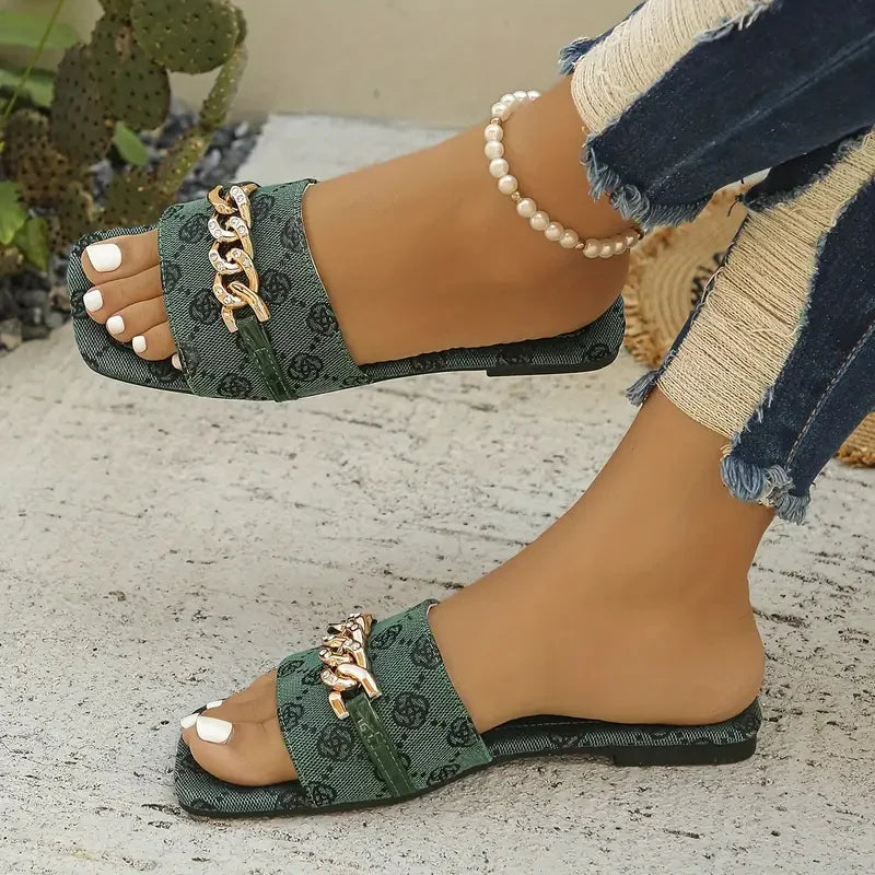 Women’s Chain Detail Flat Sandals – Summer Slip-On Beach Slides