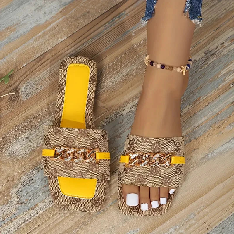 Women’s Chain Detail Flat Sandals – Summer Slip-On Beach Slides