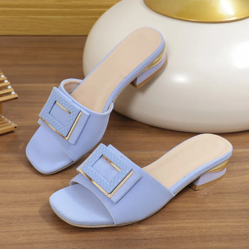 Elegant Square-Toe Low Heel Slide Sandals