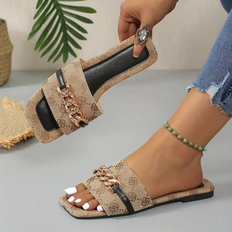 Women’s Chain Detail Flat Sandals – Summer Slip-On Beach Slides