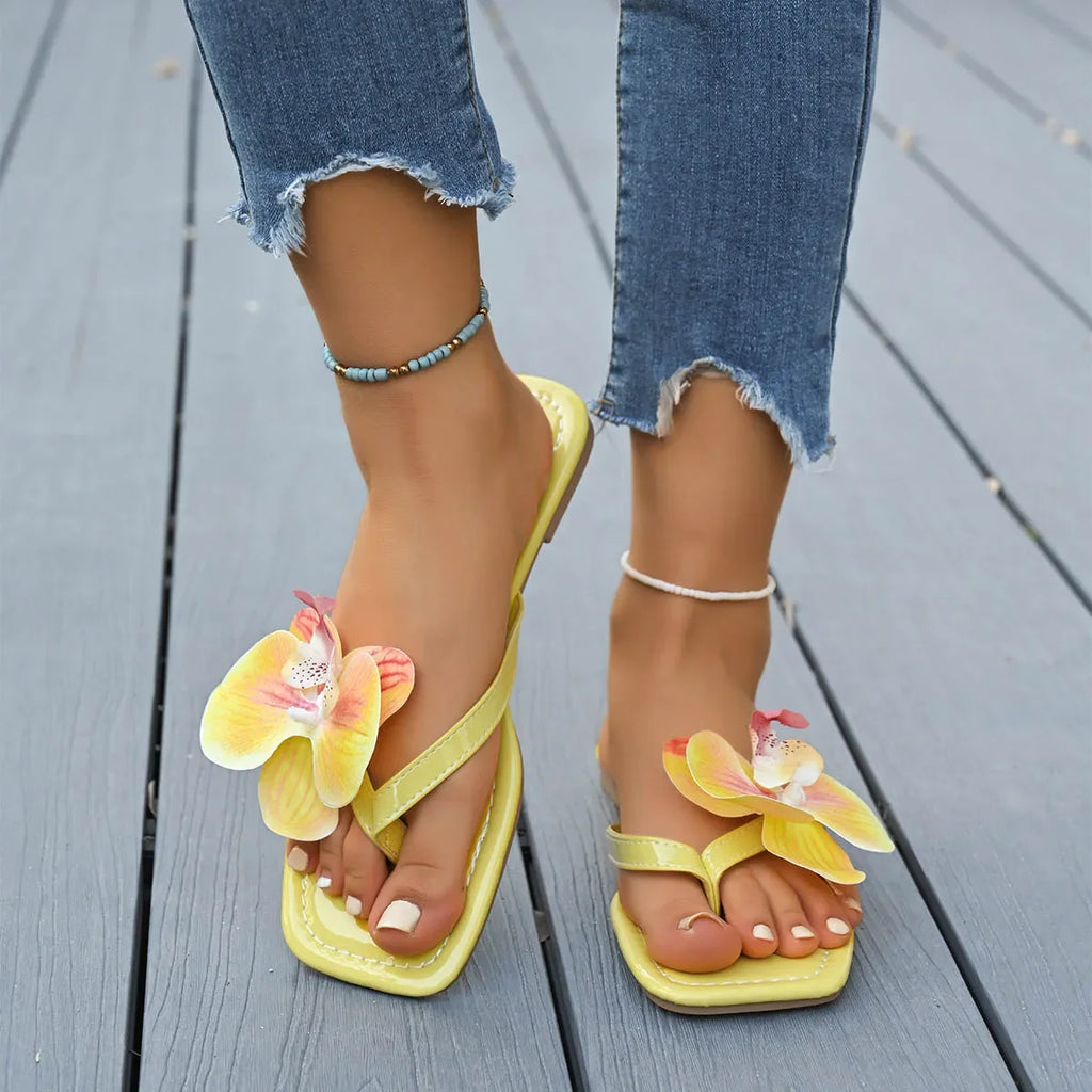Floral Square-Toe Flat Slide Sandals